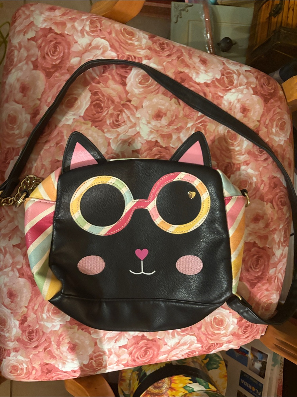 Betsey Johnson Black Cat Crossbody Bag with Pastel Accent Stripes